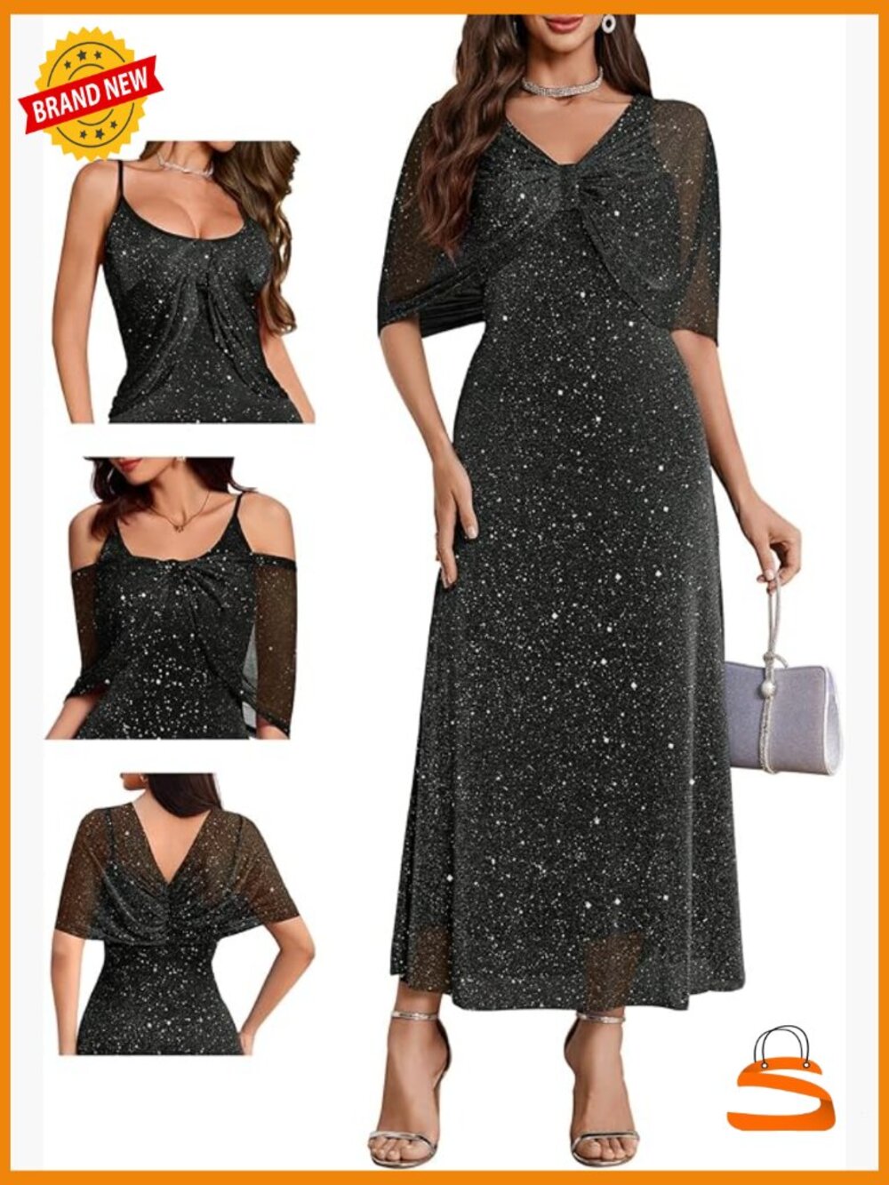 Sequin Formal Cocktail Long Dress with Shawl